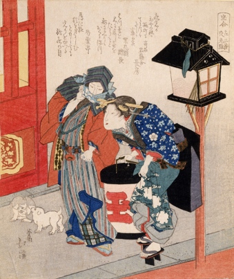 Totoya Hokkei (Japanese 1780–1850). A Treasure Assembly: Sazō Looks Out for the Jewel That Shines in the Night ('Takare awase sazō ban yakō tama'), 1830s. Woodblock print. Gift of William Green, AC 1990.36